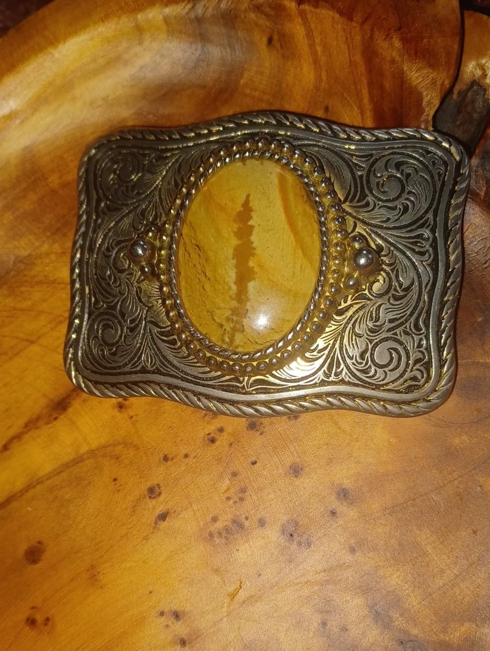 Vintage Picture Jasper Western Belt Buckle Silver Tone Filigree ScrollworkUnisex